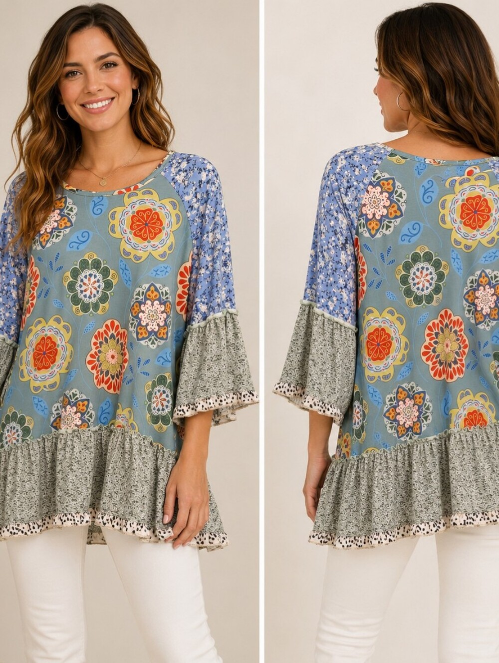 Mixed Print Floral Ruffle Hem Bell Sleeve Boho Tunic Top Size L A282